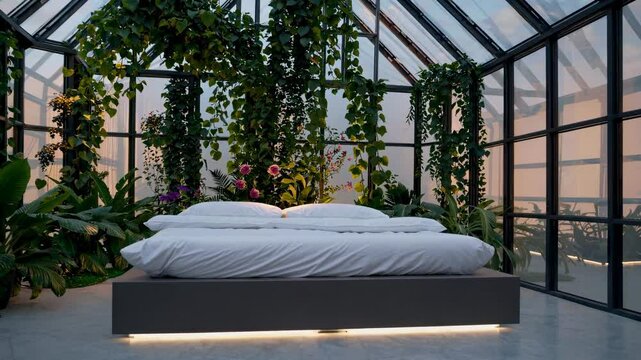 White sheets and pillows rest on a modern bed frame inside a greenhouse filled with various plants, illuminated by soft lighting, creating a relaxing atmosphere