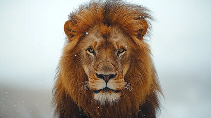 A lion with a long mane and a snow-covered background