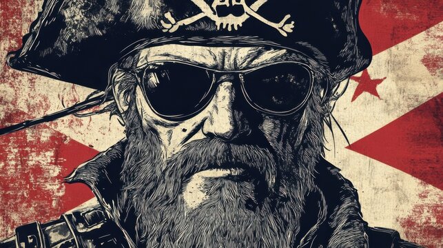 Portrait of a rugged pirate with sunglasses and a beard, set against a vintage flag backdrop