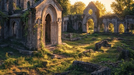 Fototapeta premium Sunlit ruins of an ancient stone structure overgrown with grass.