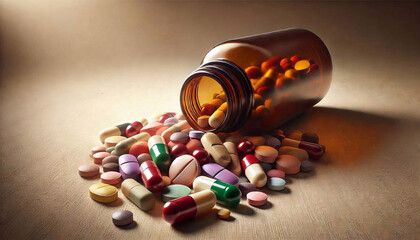 Spilled pills from a brown glass jar, showcasing colorful tablets and capsules on a neutral background