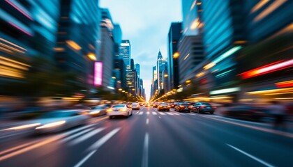 Naklejka premium Busy city street with skyscrapers and motion blur capturing fast traffic