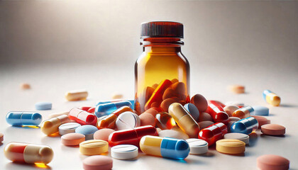 Spilled pills scattered around a medicine jar, representing pharmaceutical care and healthcare themes