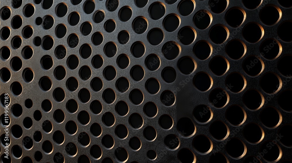 Poster Close up of a perforated metal sheet with a repeating pattern of circular holes.