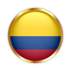Colombia national flag button with golden frame. Colombia round badge icon. Vector illustration