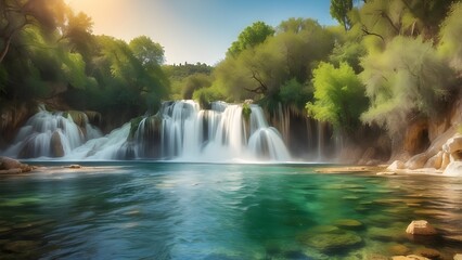 Obraz premium Beautiful Waterfall background. Beautiful Waterfall In Krka National Park - Croatia, Europe 