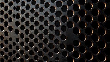 Close up of a perforated metal sheet with a repeating pattern of circular holes.
