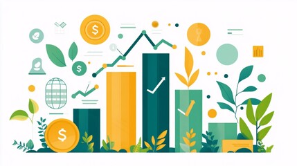 Flat color vector illustration of business growth, career success, and environmental protection, with icons representing analysis and sustainability.