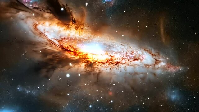 An image of a supermassive black hole at the center of a galaxy, surrounded by stars and cosmic dust, pulling everything into its gravitational pull