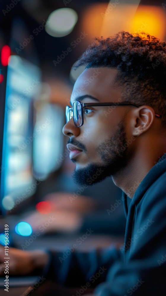 Poster night-working african american programmer deeply focused on coding, illuminated by multiple computer