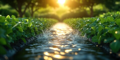 Fototapeta premium Golden Hour Irrigation: A Serene Farm Scene