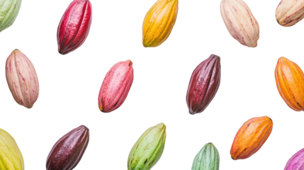 Colorful cocoa pods arranged on a black background, showcasing diverse hues and textures, perfect for agricultural or culinary themes.