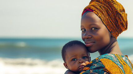 African mother with a child in her arms on the beach by the sea. Portrait photo of African mother wearing traditional clothes with child