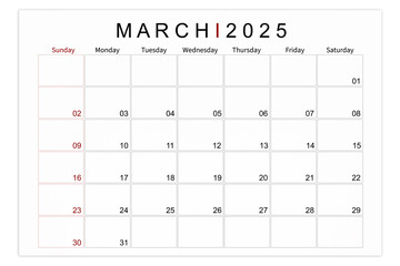 March 2025 Blank calendar page isolated on white background.