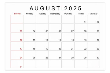 August 2025 Blank calendar page isolated on white background.