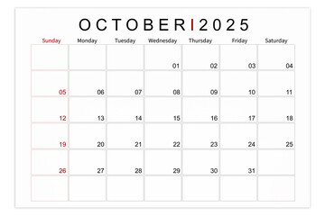 October 2025 Blank calendar page isolated on white background.