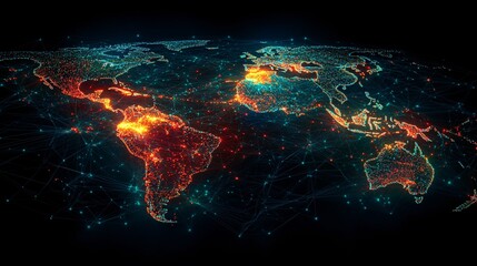 Digital world map highlighting Latin America, with glowing pathways linking key cities, representing the expansive reach of digital marketing services.