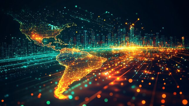 Digital world map highlighting Latin America, with glowing pathways linking key cities, representing the expansive reach of digital marketing services.