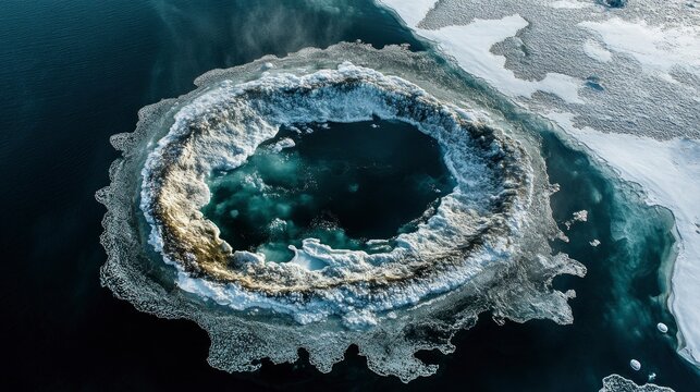 Aerial view of a circular ice formation in a frozen lake, showcasing natural beauty and winter scenery