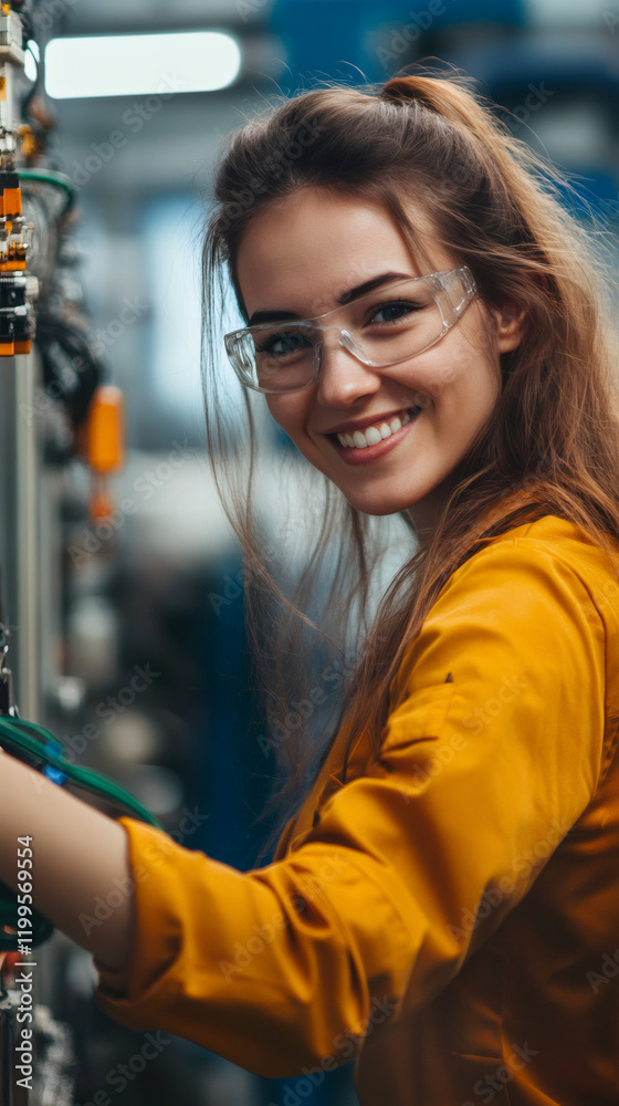 Aufkleber Female worker wearing protective eyewear, performing manufacturing tasks with confidence in dynamic factory setting
