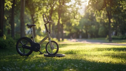 Fototapeta premium Exercise bike with metal seat installed in green park side view