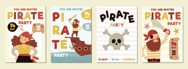 Pirate party invitation, birthday.A cards for a kids party.Pirate ship, skull, crab, treasure chest. Cartoon Flat illustrations