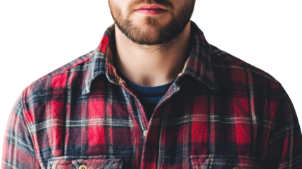 Close-up portrait of a young man wearing a red plaid shirt, emphasizing facial features and expression against a white isolated background.