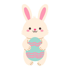 A cartoon rabbit holding an Easter egg. The rabbit is smiling and he is happy. The egg is blue and pink, and it is the main focus of the image