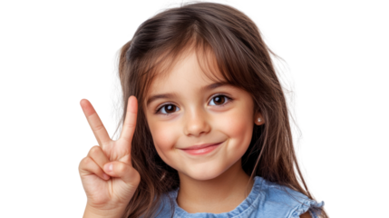 A joyful young girl with a charming smile and playful gesture, framed against a white isolated background.