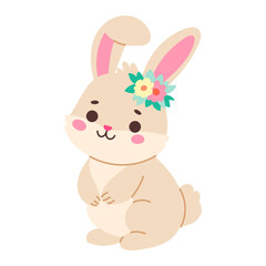 A cute rabbit with a flower on its head. The rabbit is smiling and looking at the camera