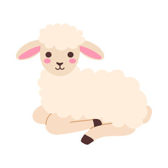 A cute sheep is laying down on a white background. The sheep has a pink nose and is smiling