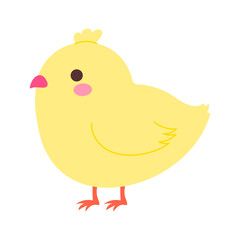 A cute yellow chicken with a pink beak. The chicken is standing on its two legs and looking up