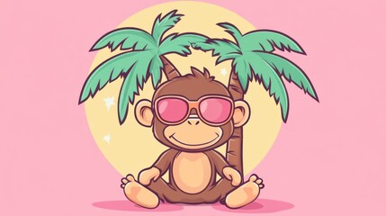 Happy monkey wearing sunglasses relaxing under palm trees on a pink background.