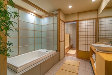 Fototapeta premium Modern Japanese style bathroom with bathtub and wooden accents