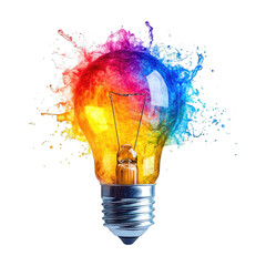 Colorful explosion of paint around a light bulb isolated on transparent background png