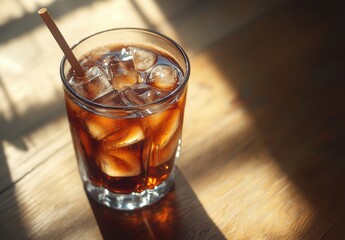 Refreshing Glass of Iced Beverage with Ice Cubes and Straw on Wooden Table, Showcasing Bright Sunlight and Shadows in the Background