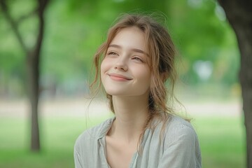 Fototapeta premium beautiful latin woman sitting cross-legged on the grass in an outdoor park surrounded by nature. Beautiful simple AI generated image