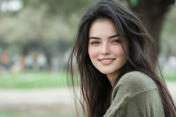 Naklejka premium Portrait of a beautiful curly-haired brunette girl in the park. Girl smiling and holding her hair. High quality photo. Beautiful simple AI generated image