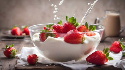 
Strawberries falling into a fresh bowl of cream. Healthy Breakfast, fresh berries and splashing milk. Healthy breakfast concept. vegetarian food
