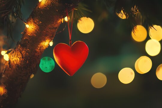 Red heart-shaped ornament hanging from evergreen tree branch, illuminated by warm lights, cozy romantic atmosphere for Valentine's Day celebration