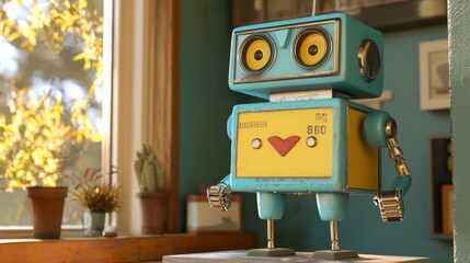 Fototapeta premium Vintage Retro Robot Toy Figurine Yellow and Teal 3D Render Sunny Window Background
