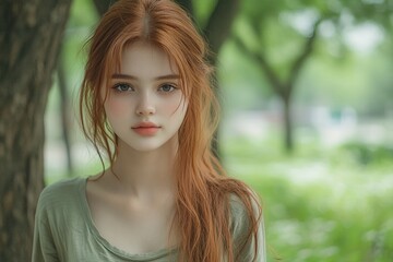Naklejka premium Portrait of a young beautiful blonde green-eyed girl in nature.. Beautiful simple AI generated image