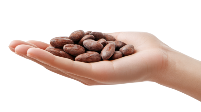 Close-up of a hand holding raw cocoa beans, emphasizing natural texture and rich colors against a white isolated background.