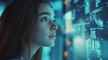 Woman Observing Digital Data Stream