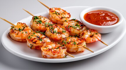 Grilled Shrimp Skewers Served on White Plate with Tangy Sauce for a Delicious Seafood Feast Perfect for Summer Barbecues and Gourmet Dining Experiences