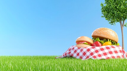 Delicious Picnic Setup Featuring Juicy Burgers and Fresh Vegetables on a Red Checkered Cloth Against a Bright Blue Sky and Lush Green Grass