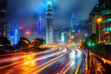 Obraz premium Nighttime cityscape with light trails from traffic.