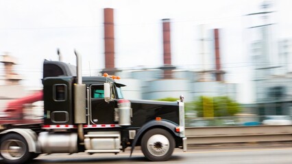 Heavy Truck Driving Fast – A blurred background of a heavy truck driving quickly through an industrial setting.	
