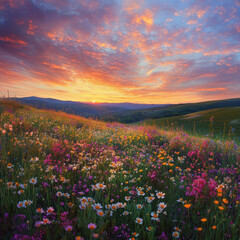 Fototapeta premium vibrant wildflower meadow at sunset, showcasing colorful blooms under dramatic sky. scene evokes sense of tranquility and beauty