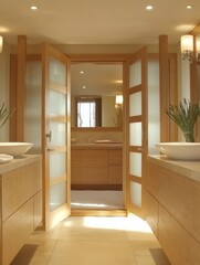 Elegant Modern Bathroom with Wooden Doors and Sinks